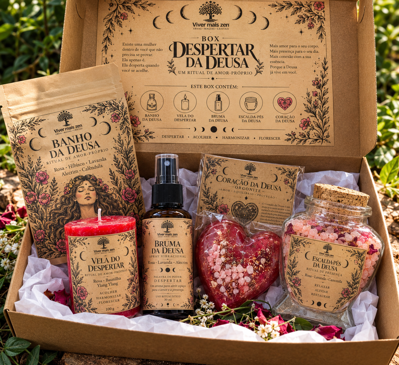 Box Despertar da Deusa aberto com seus produtos ritualísticos