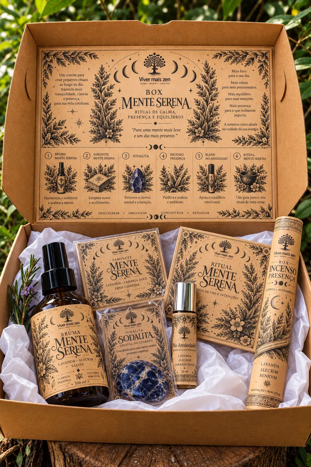 Box Mente Serena aberto com seus produtos ritualísticos