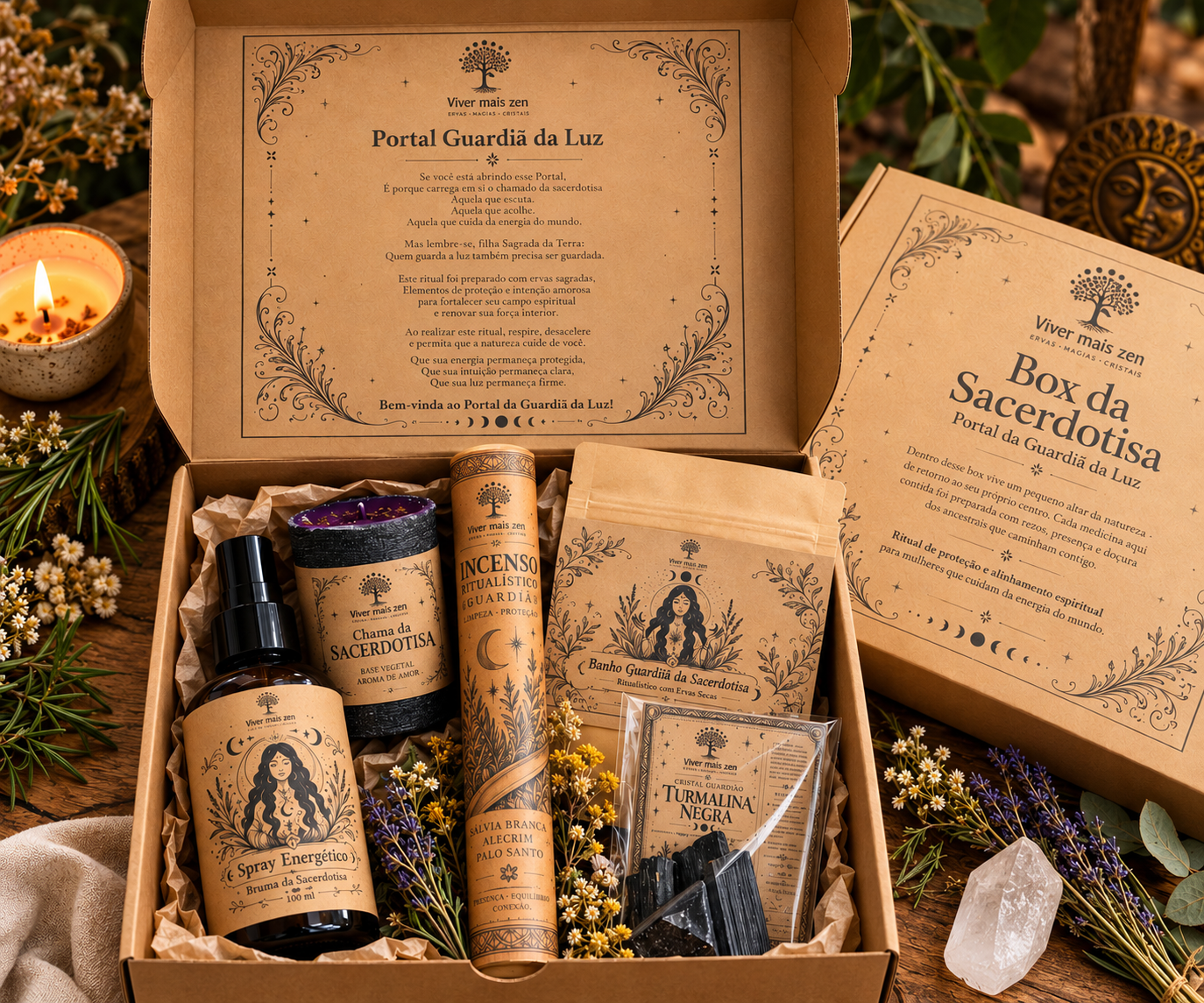 Box Guardiã da Luz aberto com seus produtos ritualísticos