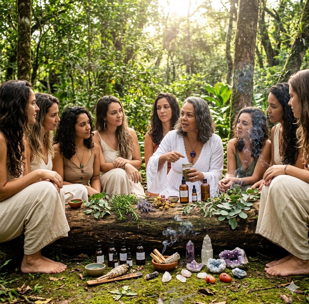 Círculo de almofadas de linho e ervas preparado para uma vivência ao ar livre