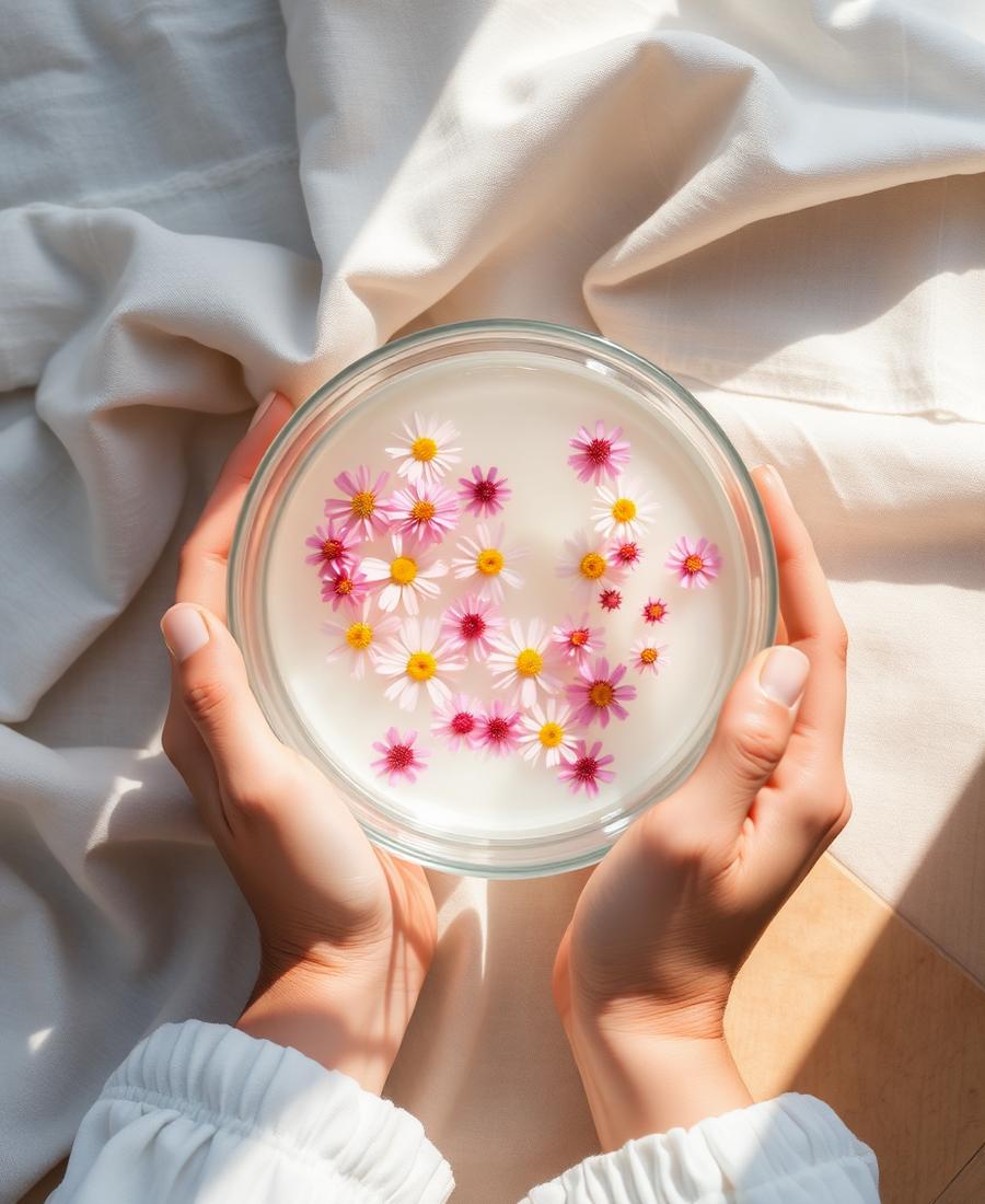 Mãos segurando um recipiente de vidro com água pura e flores frescas
