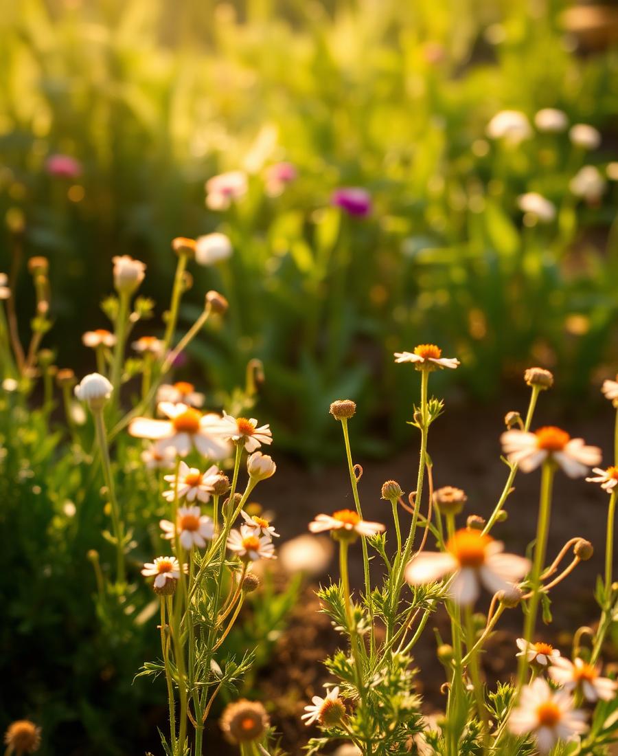 Jardim orgânico de ervas e flores em luz dourada no Sítio Viver Mais Zen